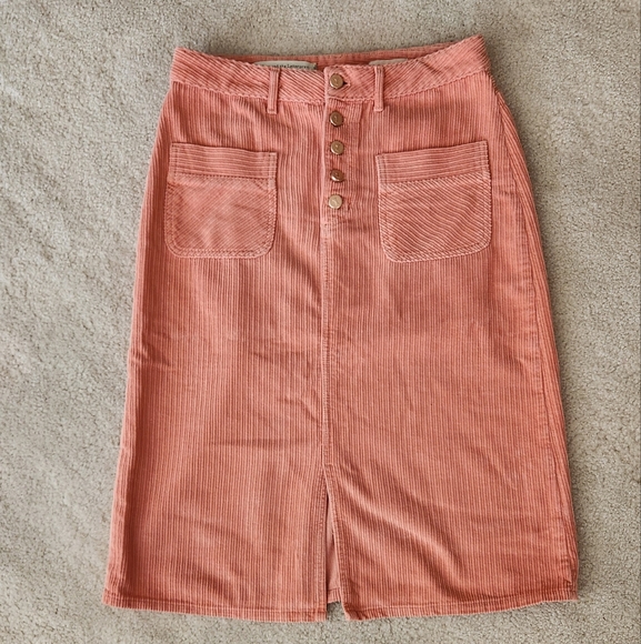 Pilcro Anthropologie Corduroy Fall Skirt front slit peach button-up size 8 - Picture 2 of 10